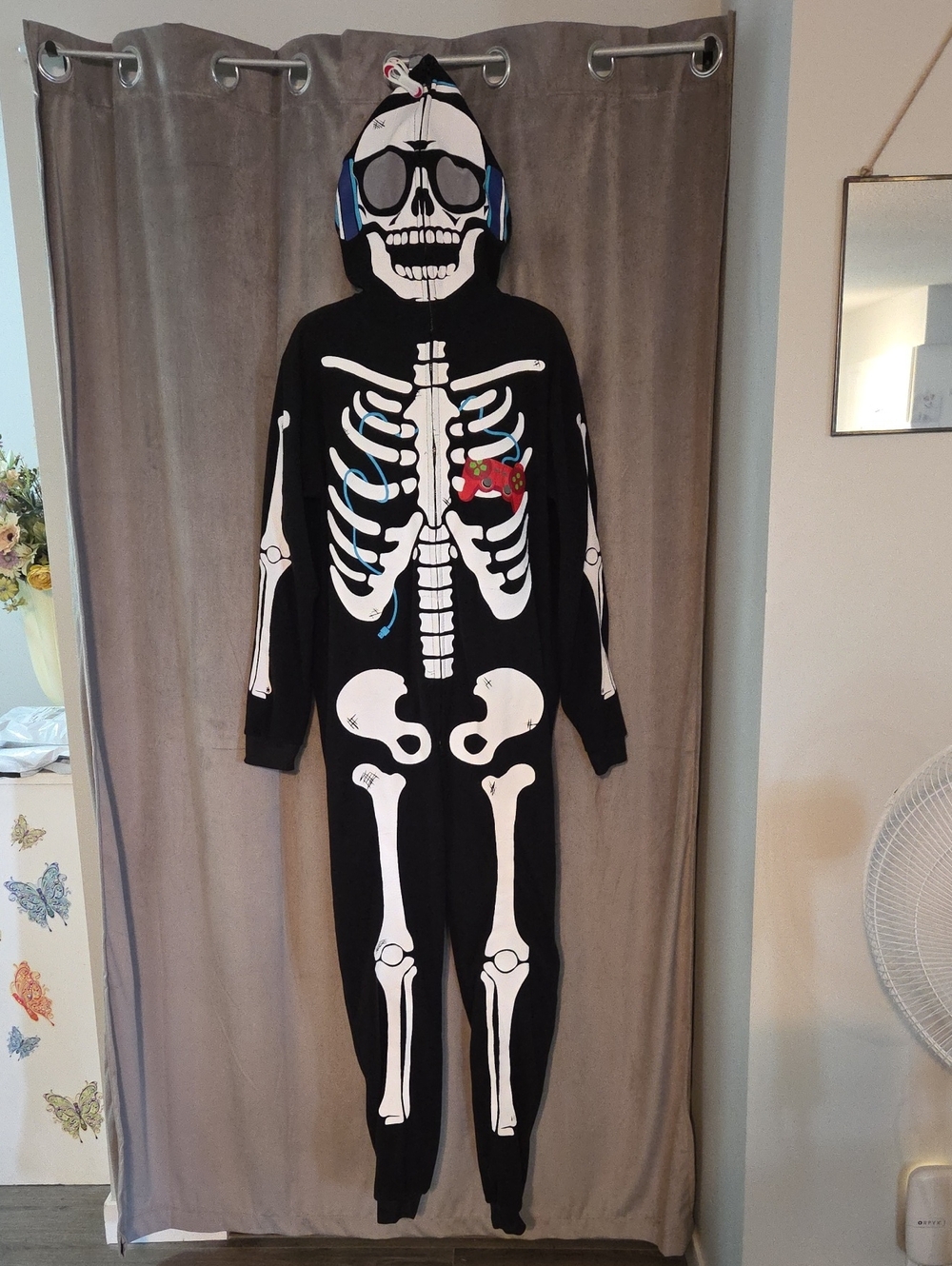 Large Black Skeleton Hooded Jumpsuit with Colorful Game Controller Accent